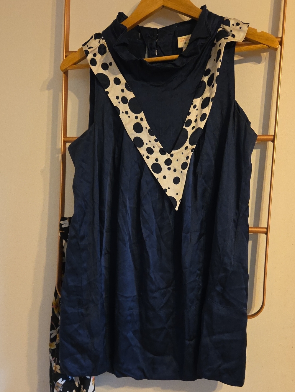 Lauren Moffatt Anthroplogie  Sleeveless Navy Silk Tunic with Polka Dot Accent